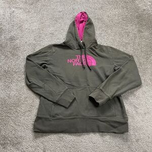 The North Face Hoodie Sweatshirt Womens Small Gray Pink Graphic Fleece Pullover